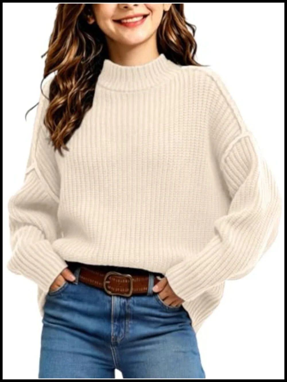 Girls Mock Neck Sweater Batwing Sleeve Loose Fit Knit Pullover